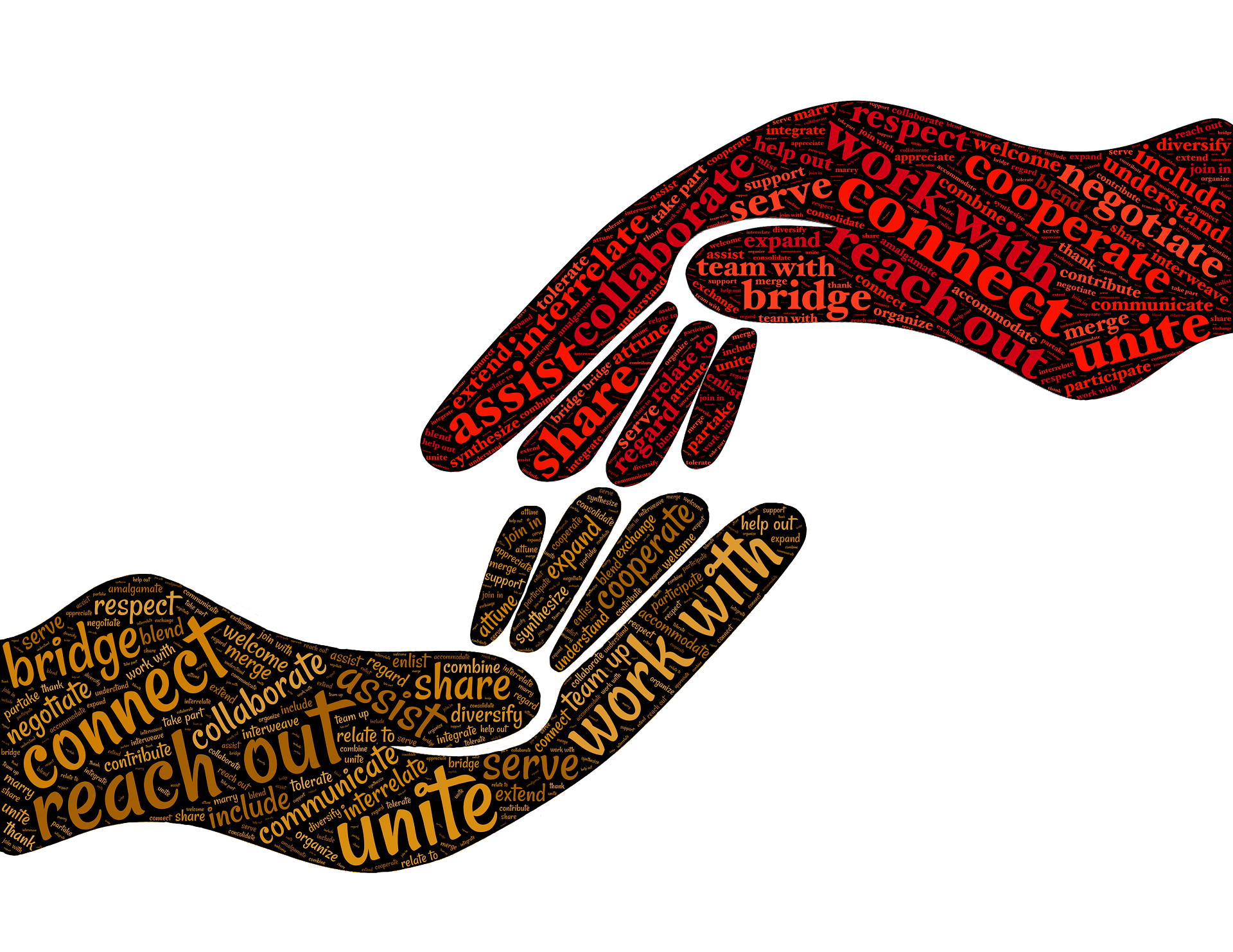 Grafik: Zwei zueinander gewandte Hände, mit tag-cloud "cooperate" gefüllt, Bildnachweis: johnhain auf pixabay, https://pixabay.com/de/illustrations/kooperieren-zusammenarbeiten-2924261/