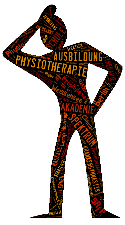 Grafik: Männchen aus SAfP-Logo mit tag-cloud "Physiotherapie"